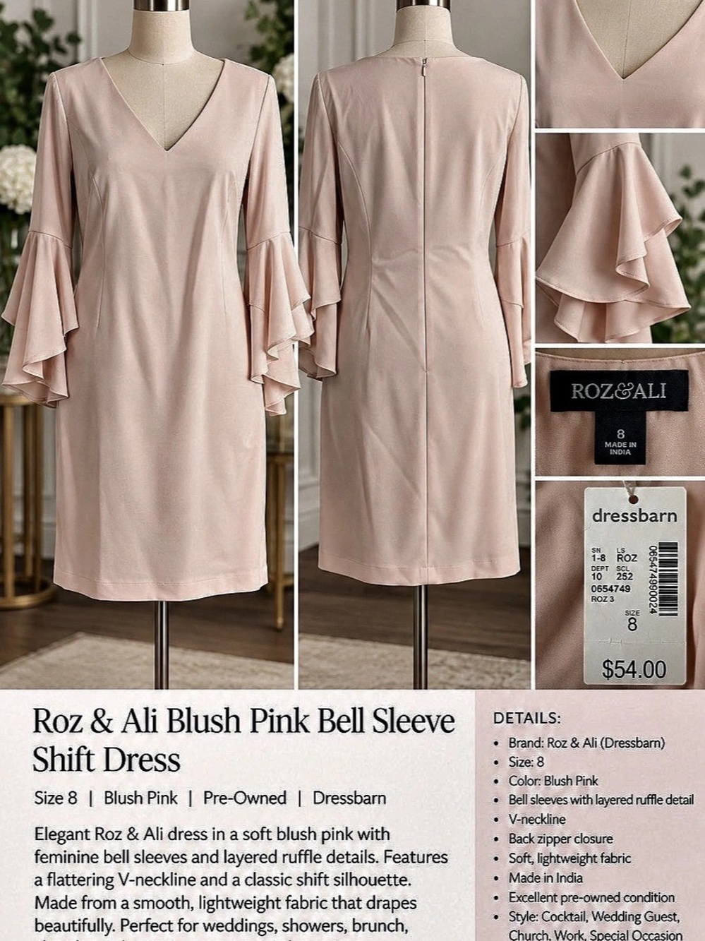 Roz & Ali Bell Sleeve Shift Dress Pink Bell Sleeve Dress Size 8